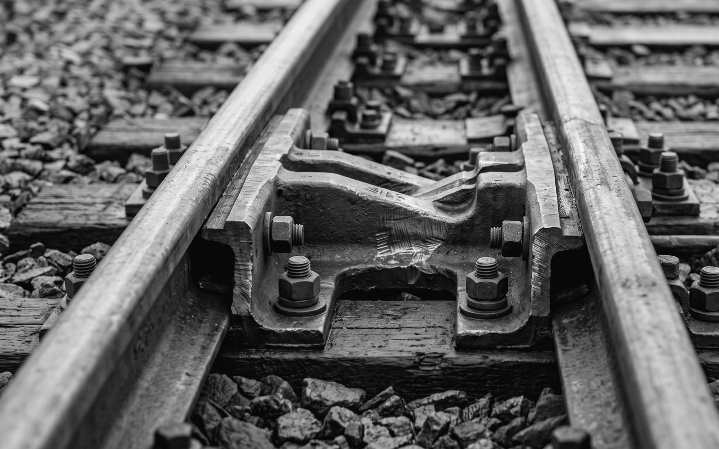 A rail crossing frog: two running rails meeting and crossing through a single machined steel casting, bolted down to timber sleepers in ballast.